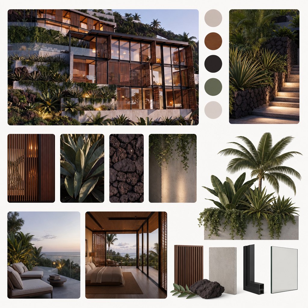 AETHER mood board — materials and palette