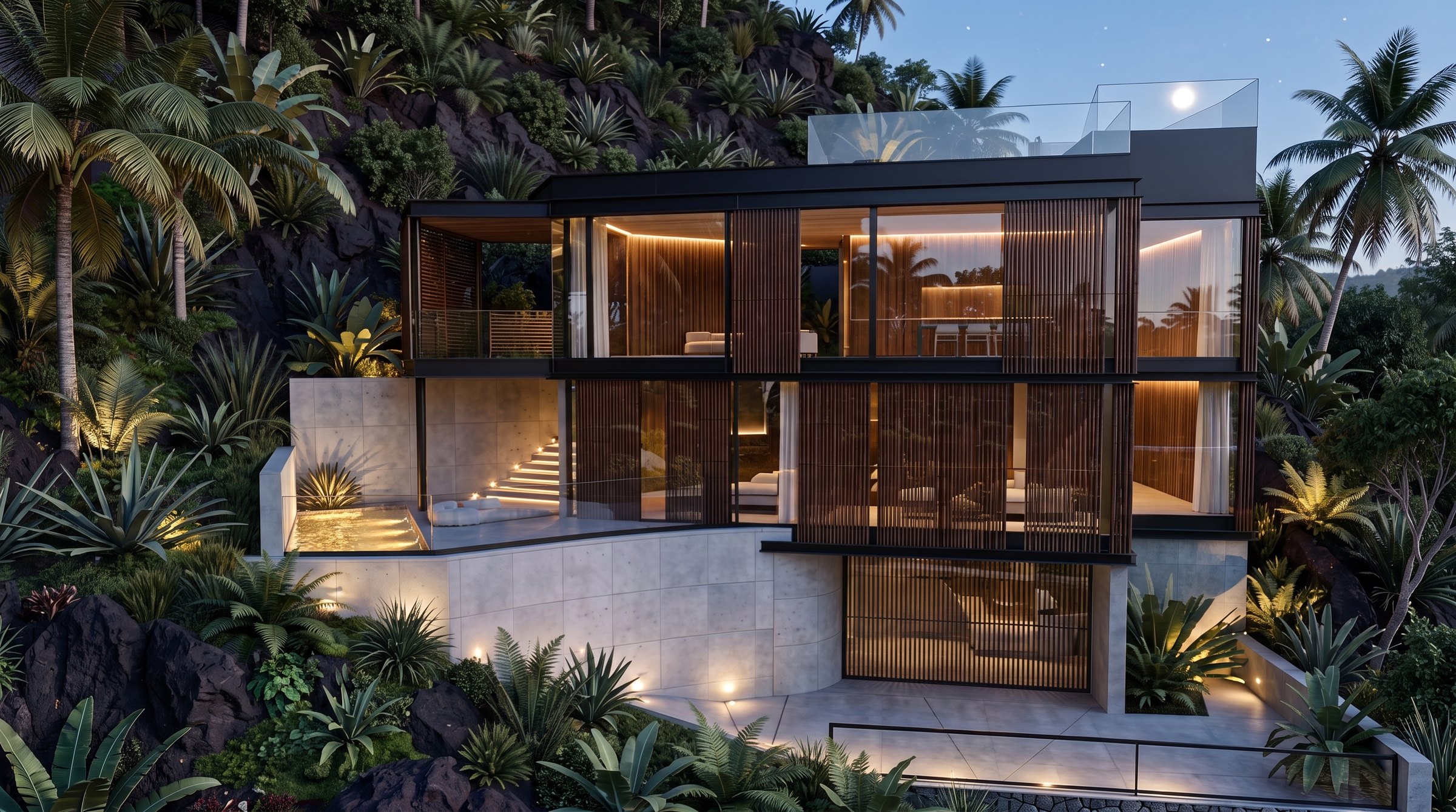 Cantilevered villa lit at night