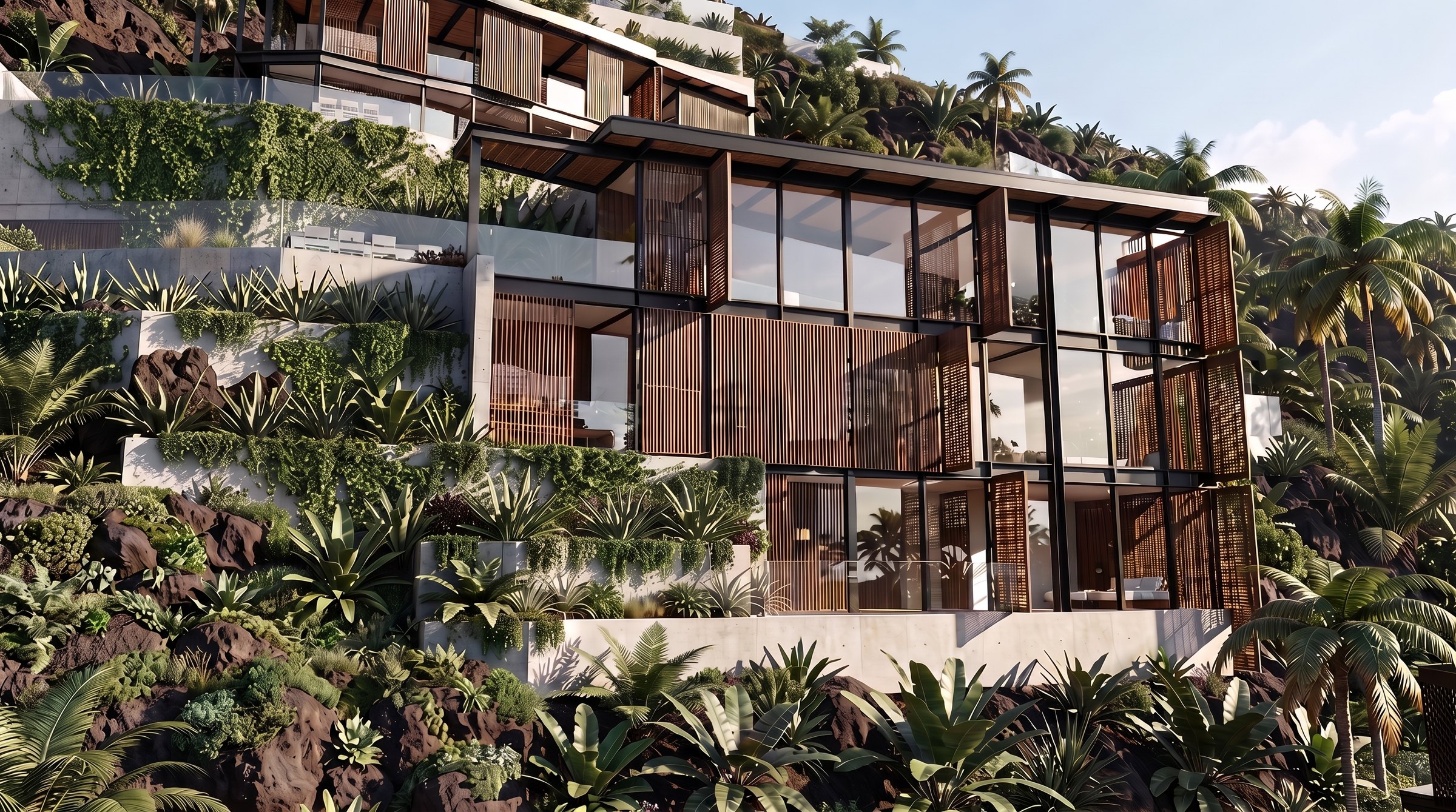Volcanic stone and timber villa facade