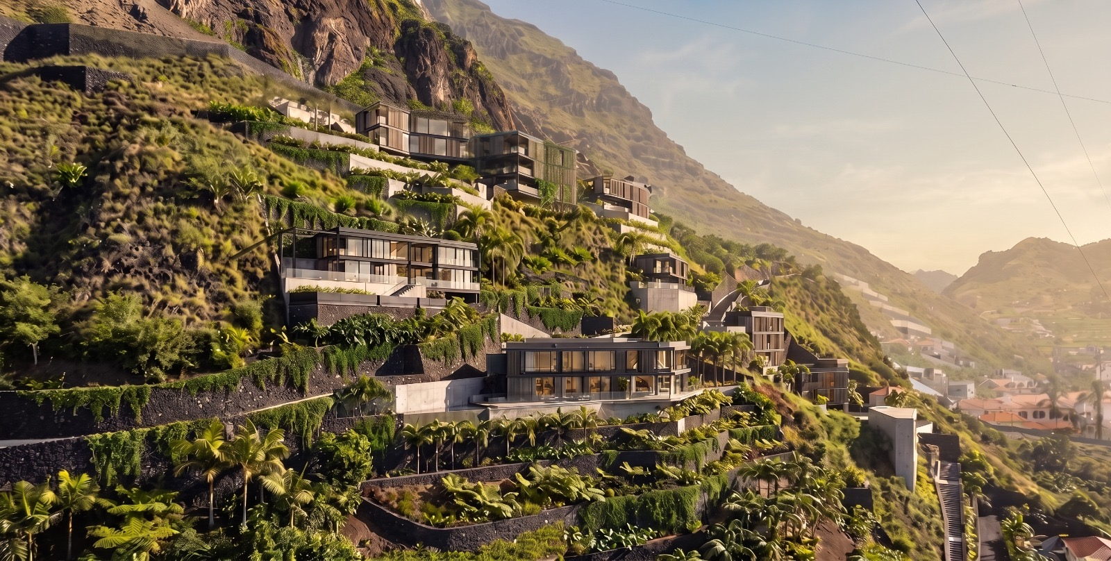 The ÆTHER hillside by day, terraces running down towards Ribeira Brava