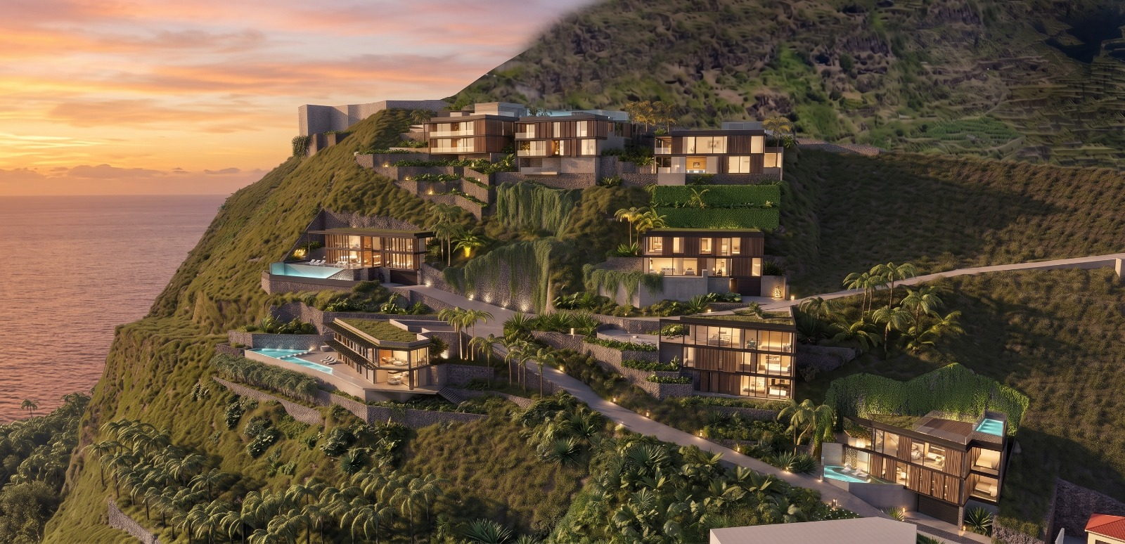The ÆTHER hillside at sunset, pools lit, the Atlantic beyond