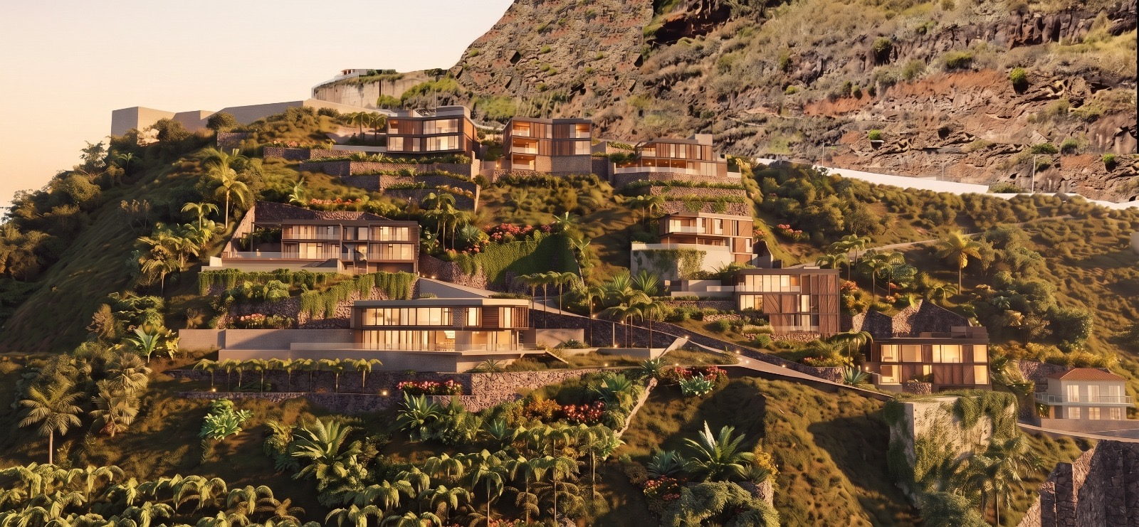 The ten ÆTHER villas terraced into the T&aacute;bua hillside, seen from the air at golden hour