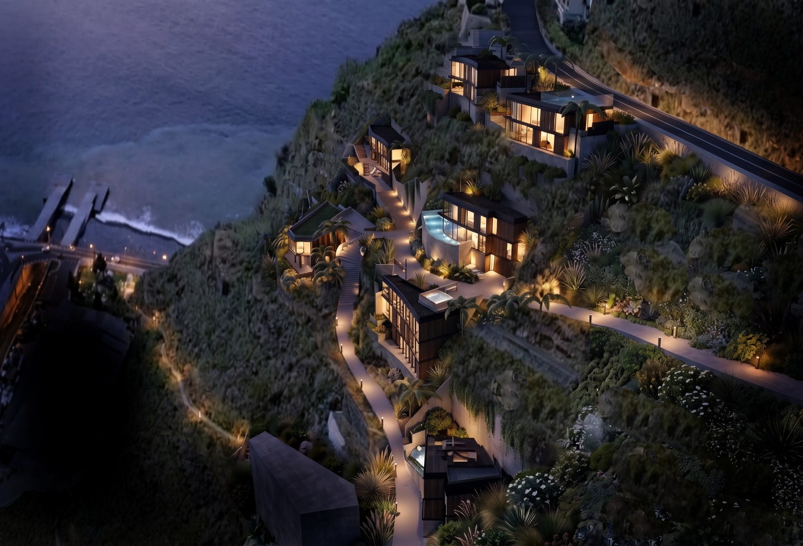 Aerial plan view of the ÆTHER hillside at night, villas lit, showing the position of each plot above the Atlantic
